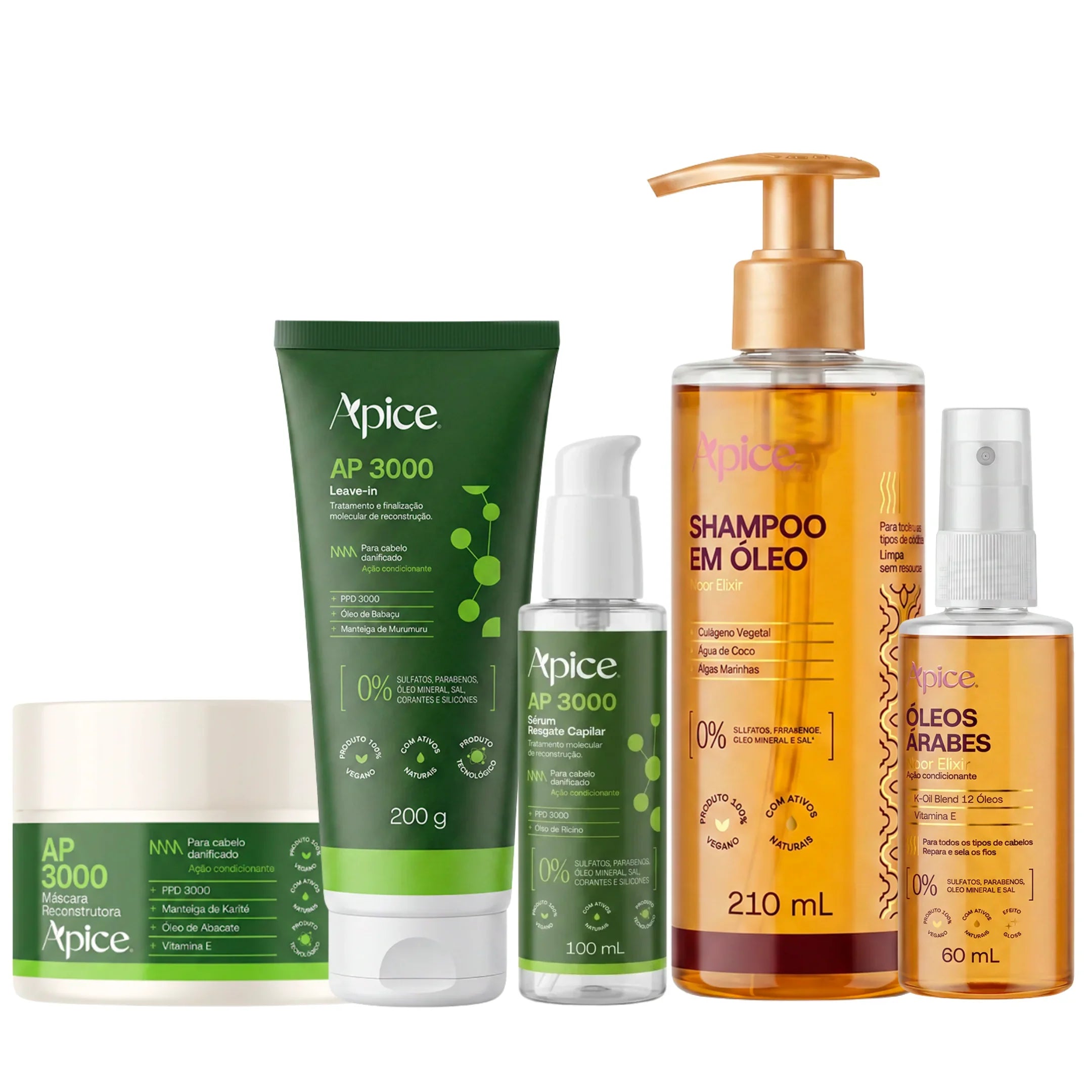 Kit Glass Reconstrução Total - Shampoo em Óleo, Óleo Árabe, Máscara, Leave In e Sérum AP3000
