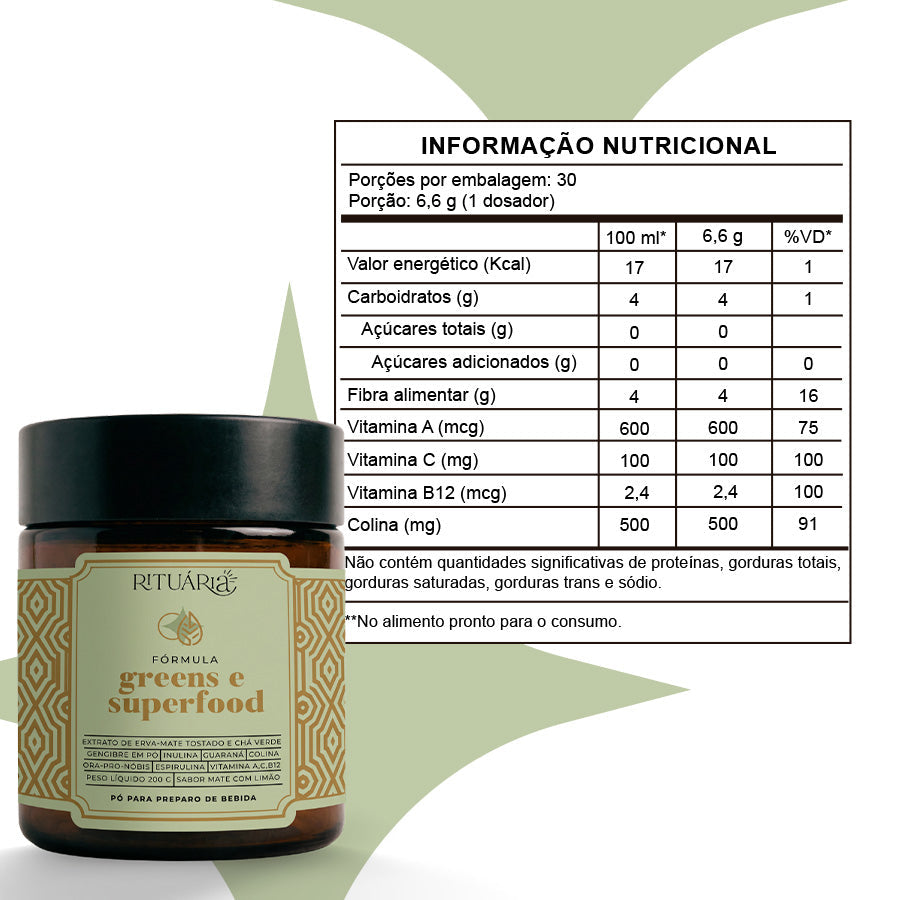 Fórmula Greens e Superfood  Sabor Maçã Verde - Fibras + Espirulina + Colina + Vitaminas