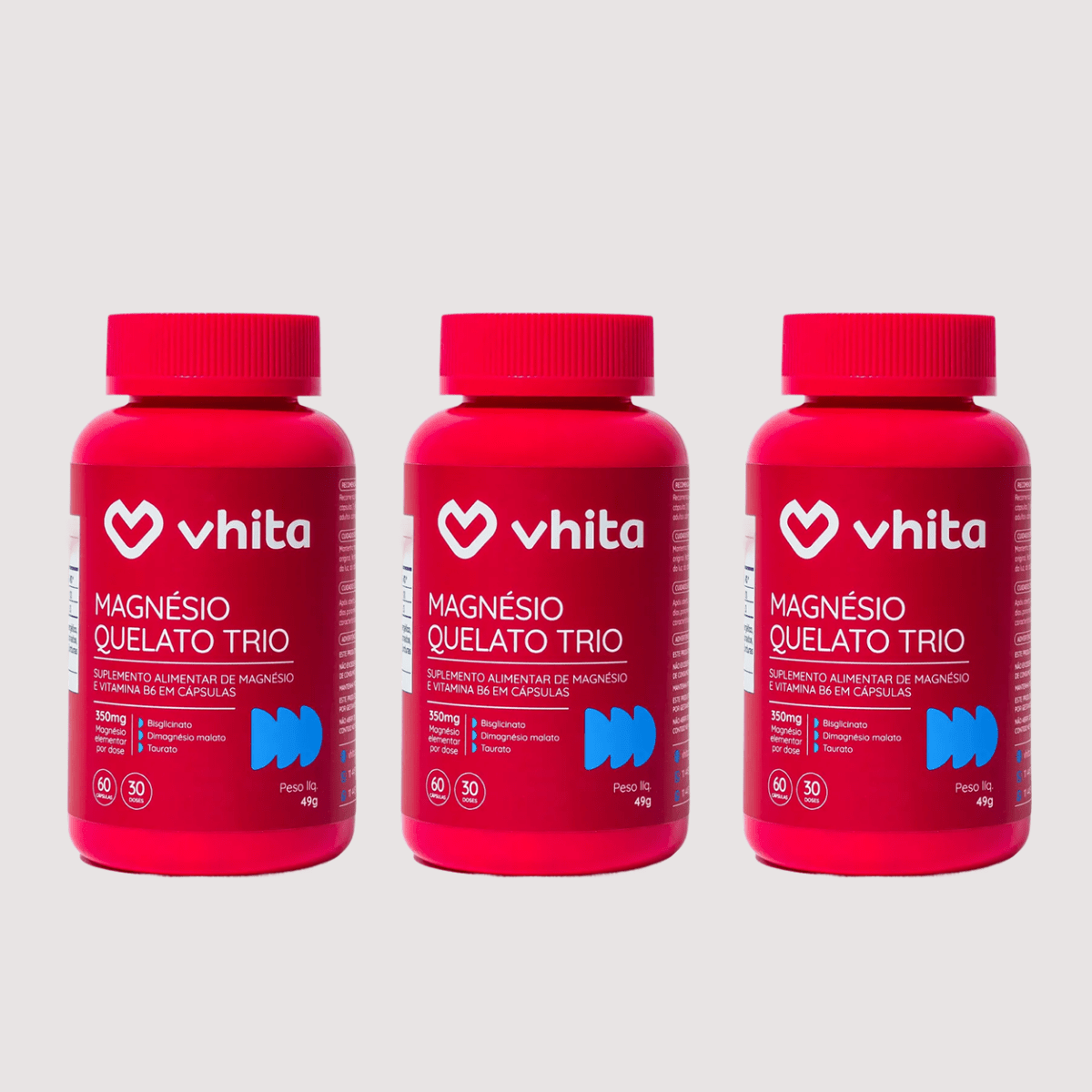 Combo 3x - Magnésio Quelato Trio 350mg | Bisglicinato, Dimalato e Taurato com Vitamina B6 (60 Cápsulas)