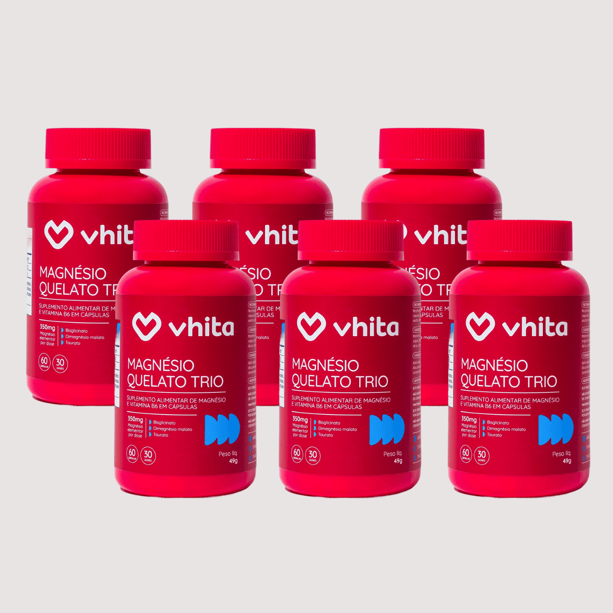 Combo 6x - Magnésio Quelato Trio 350mg | Bisglicinato, Dimalato e Taurato com Vitamina B6 (60 Cápsulas)