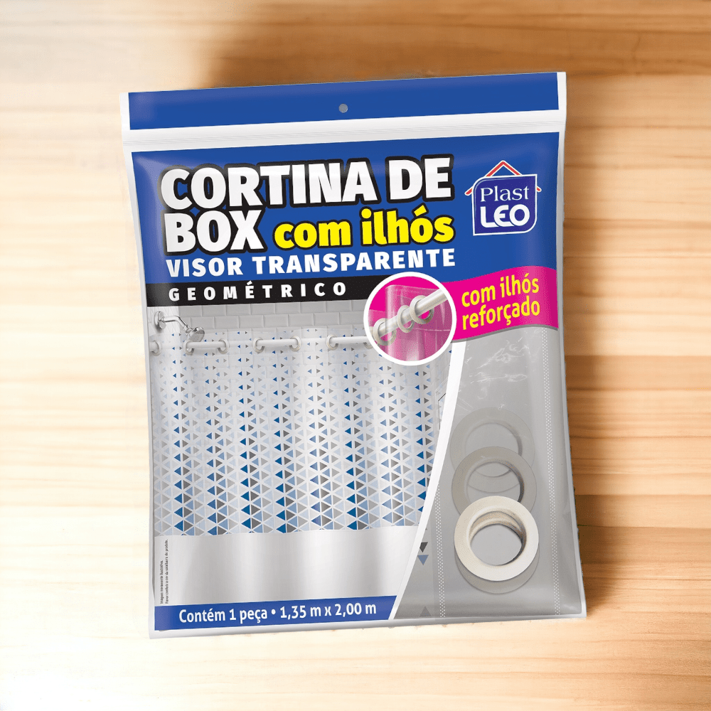 Cortina para Box com Ilhós e Visor Transparente - Geométrica