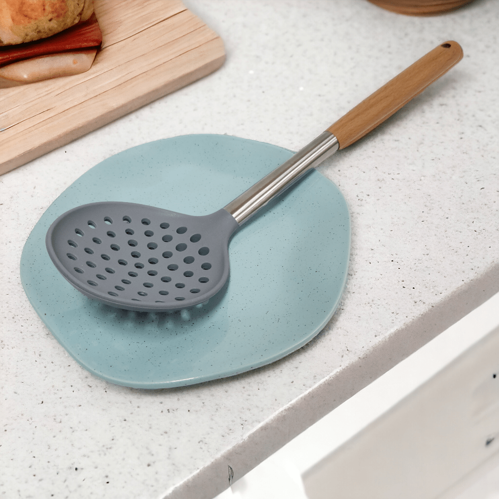 Escumadeira de Silicone com Cabo de Madeira - Utensílio de Cozinha VDH03536