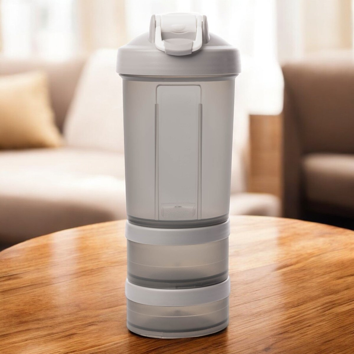 Garrafa Shaker 3 em 1 de Plástico - Cinza 650ml