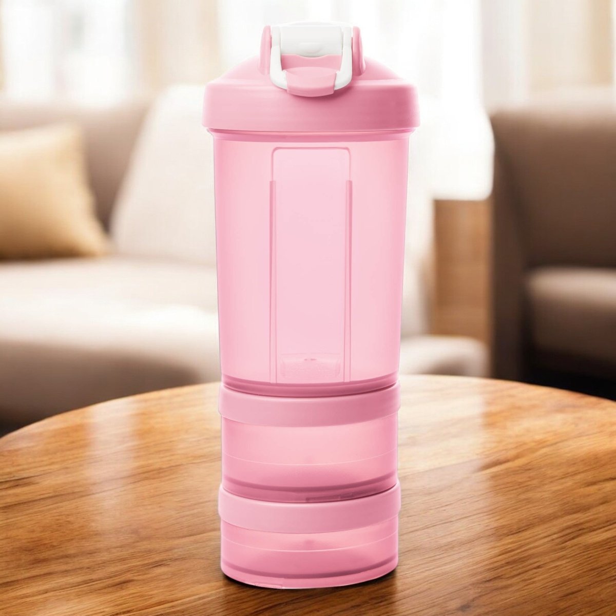 Garrafa Shaker 3 em 1 de Plástico - Rosa 650ml