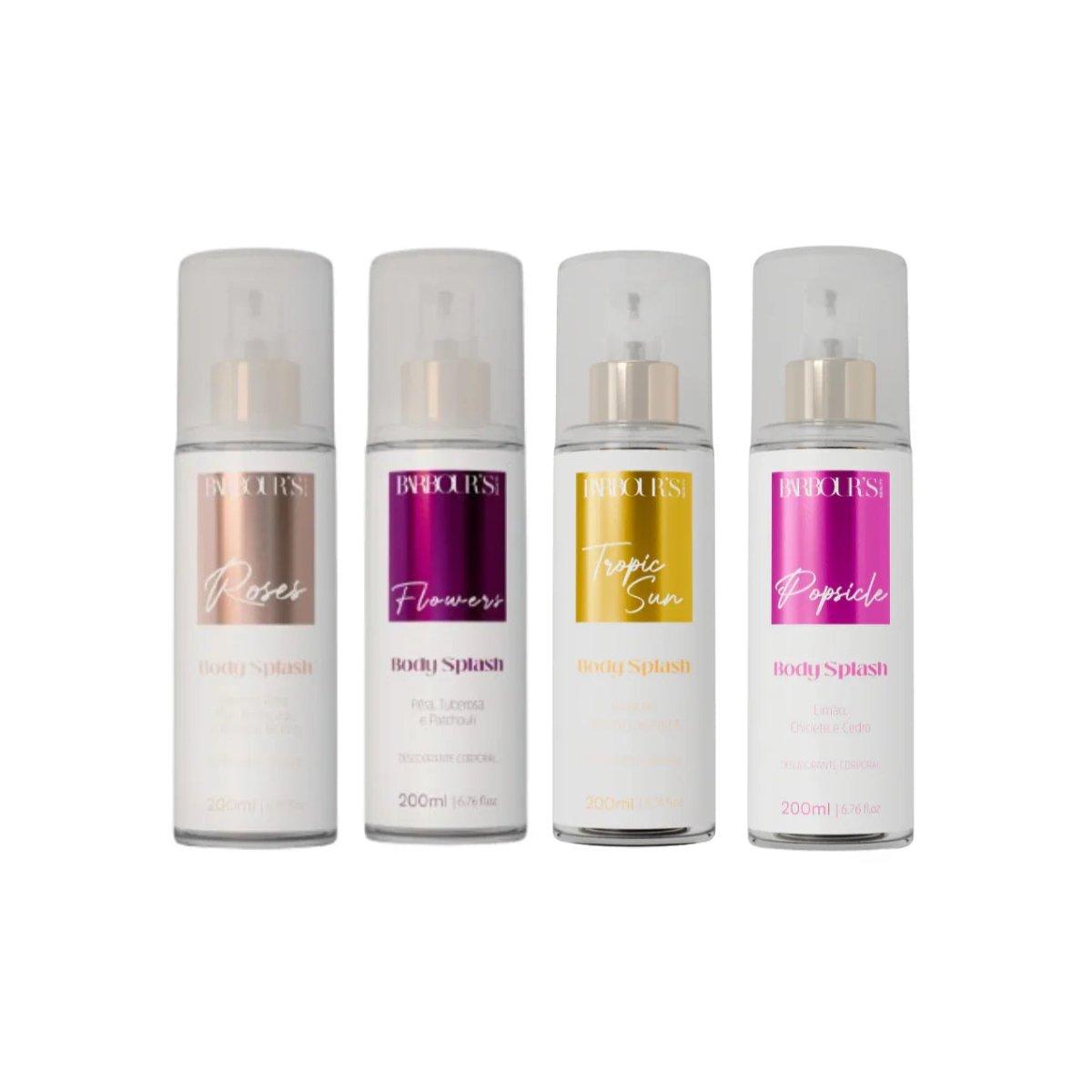 Kit 4 Body Splash Desodorante Colônia 200ml - Tropic Sun, Popsicle, Flowers e Roses - Perfumes e Colónias 20216