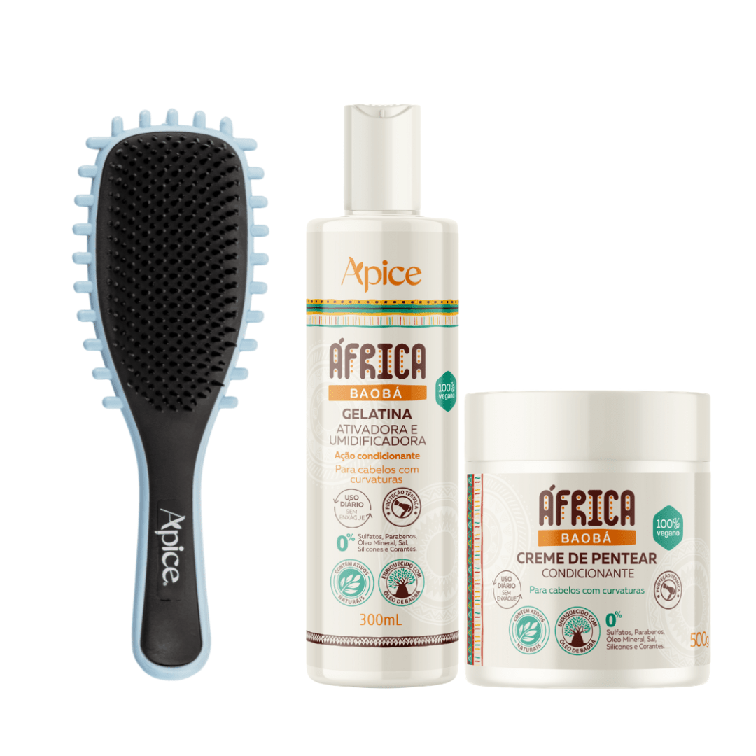 Kit África Nutrição - Escova Azul, Gelatina e Creme de Pentear (3 ITENS) - Produtos para pentear o cabelo 