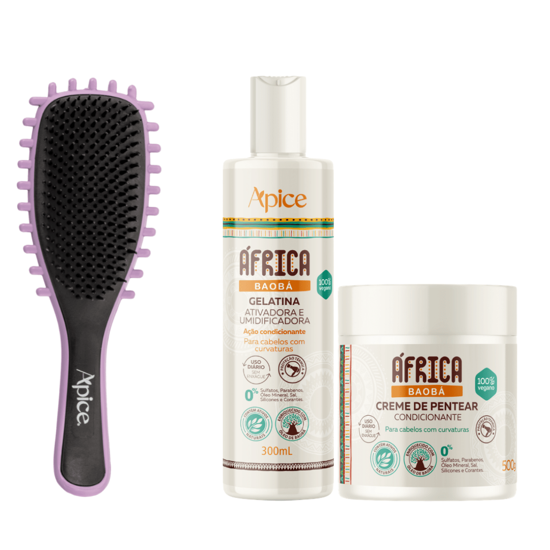 Kit África Nutrição - Escova Lilás, Gelatina e Creme de Pentear (3 ITENS) - Produtos para pentear o cabelo 