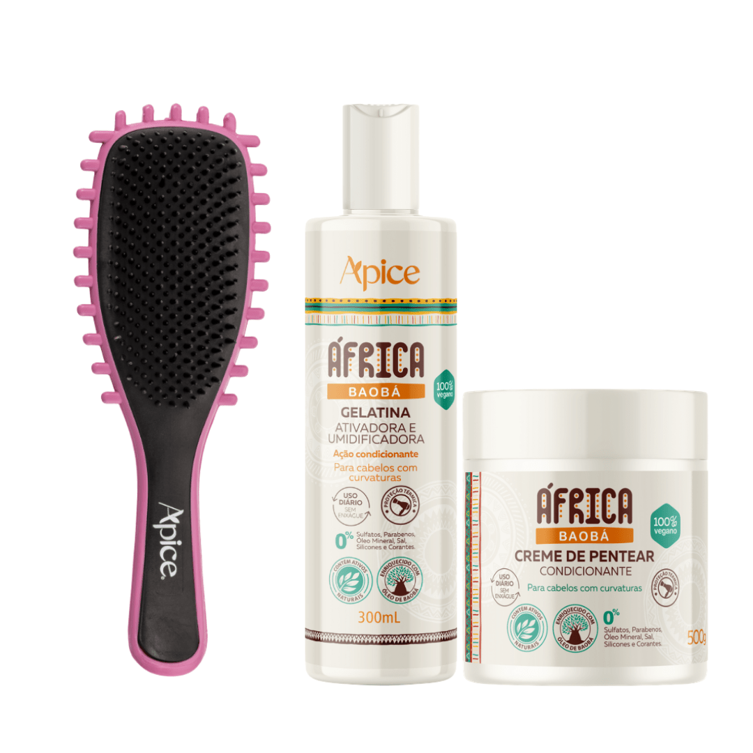 Kit África Nutrição - Escova Rosa, Gelatina e Creme de Pentear (3 ITENS) - Produtos para pentear o cabelo 