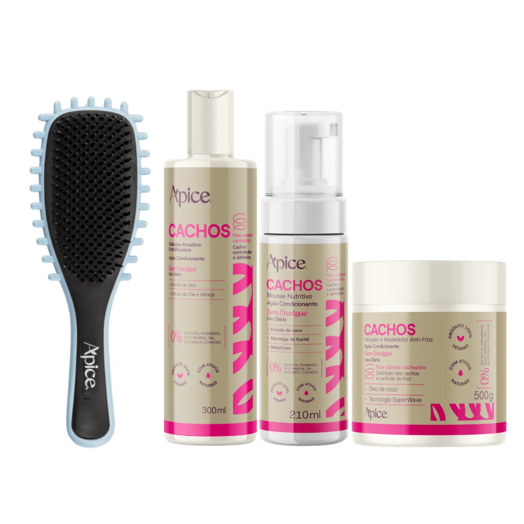 Kit Cachos Completo - Escova Azul, Gelatina, Ativador e Mousse (4 ITENS) - Produtos para pentear o cabelo 46034