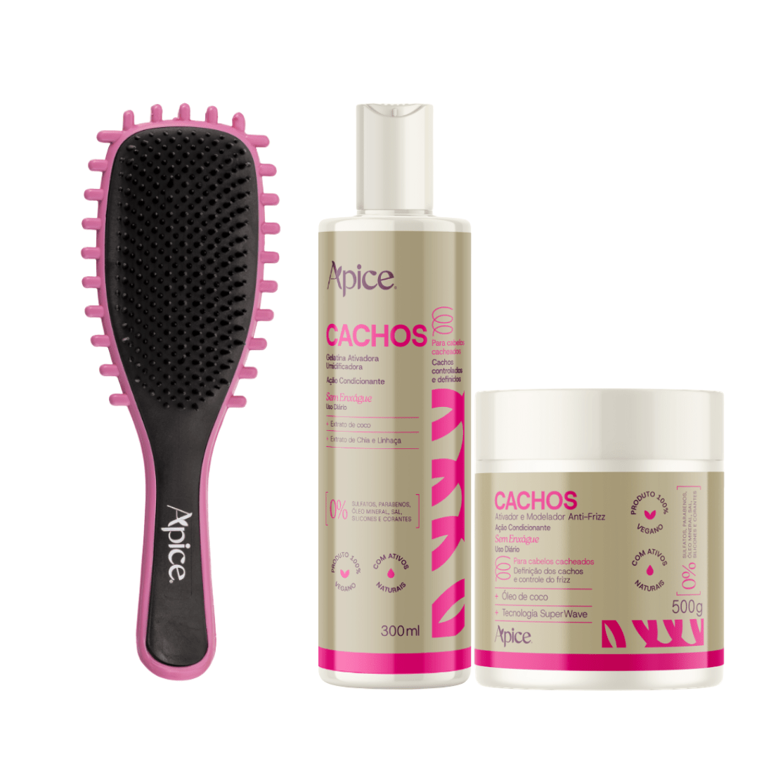 Kit Cachos Definição - Escova Rosa, Gelatina e Ativador (3 ITENS) - Produtos para pentear o cabelo 46020
