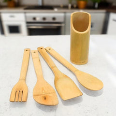 Kit Cozinha em Bambu com Suporte - 5 Peças