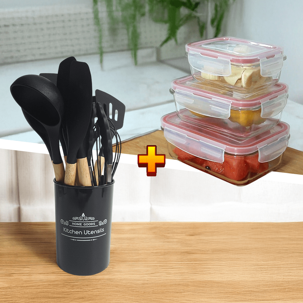 Kit de Utensílios + Jogo de Potes Herméticos