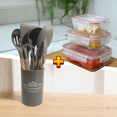 Kit de Utensílios + Jogo de Potes Herméticos