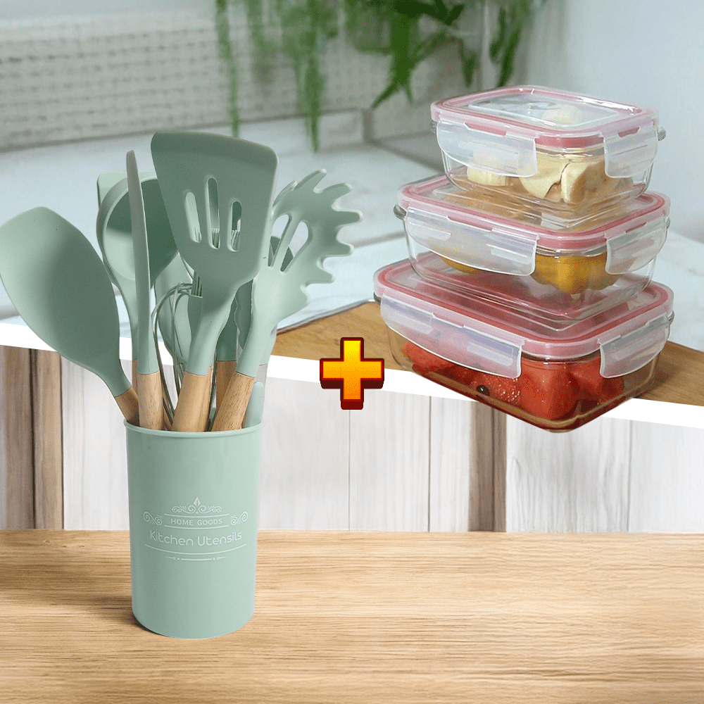 Kit de Utensílios + Jogo de Potes Herméticos