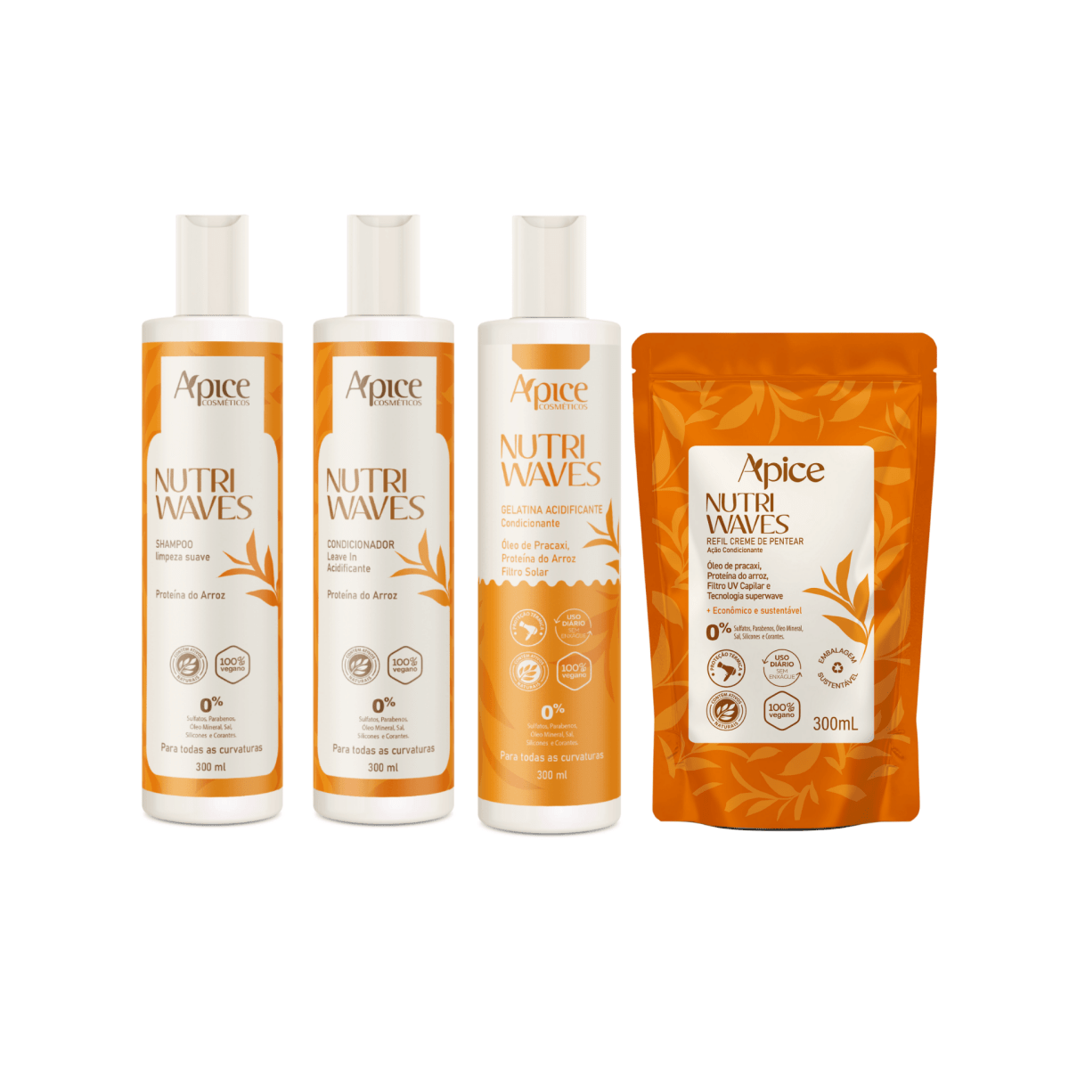 Kit Quarteto Onduladas - Shampoo 300ml, Condicionador Leave-In 300ml, Gelatina Acidificanet e300ml e Creme de Pentear Nutri Waves Refil 300g - Produtos para pentear o cabelo 
