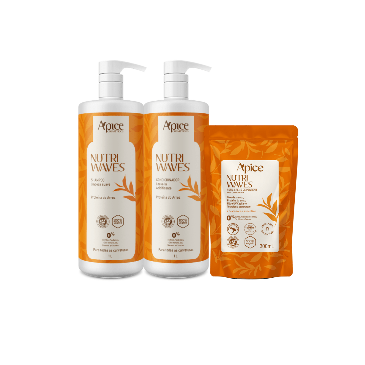 Kitão Trio Onduladas - Shampoo Nutri Waves 1000ml, Condicionador Leave-In 1000ml e Creme de Pentear Nutri Waves Refil 300g - Produtos para pentear o cabelo 