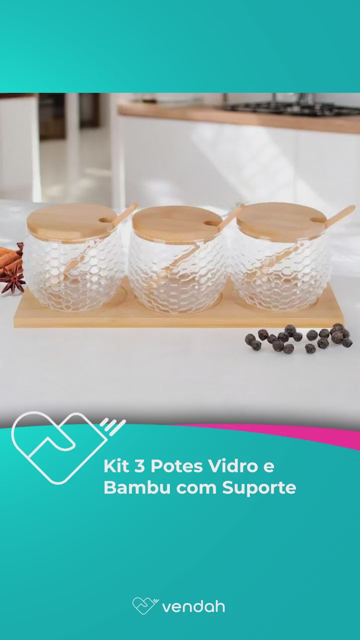 Kit 3 Potes Vidro e Bambu com Suporte