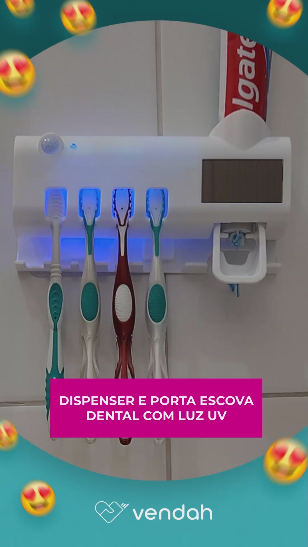 Dispenser e Porta Escova Dental com Luz UV - Recarregável