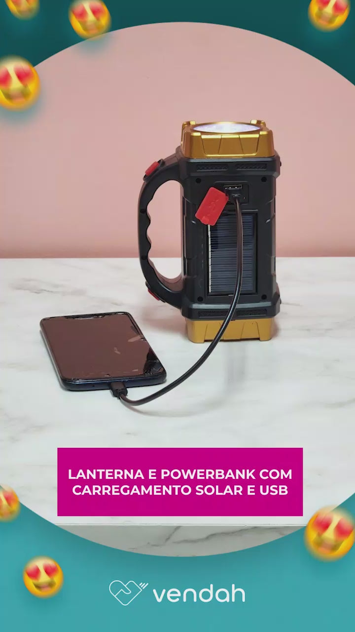 Lanterna e Powerbank com Carregamento Solar e USB
