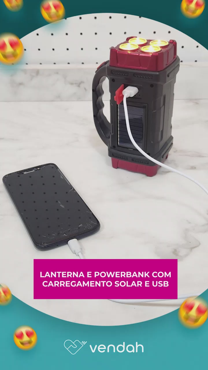 Lanterna e Powerbank com Carregamento Solar e USB