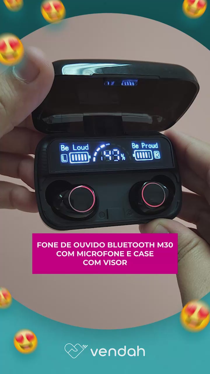 Fone de Ouvido Bluetooth M30 com Microfone e Case com Visor