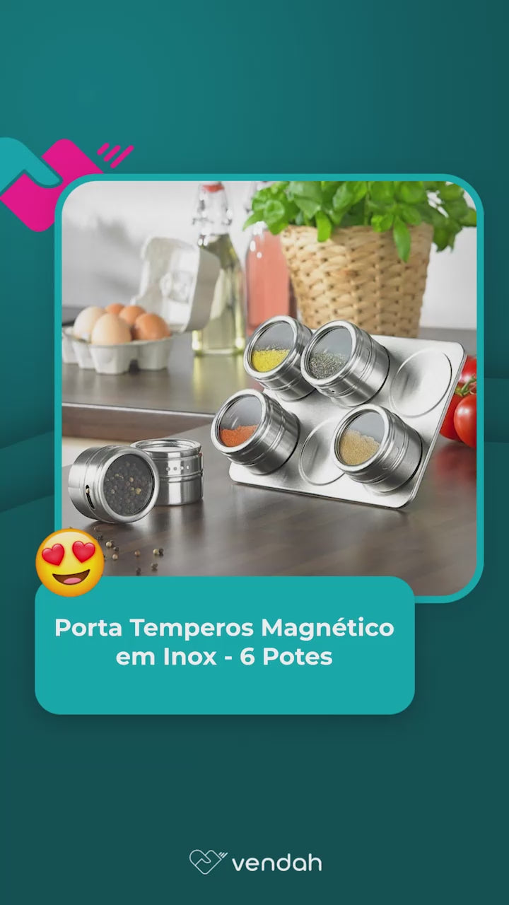 Porta Temperos Magnético em Inox - 6 Potes