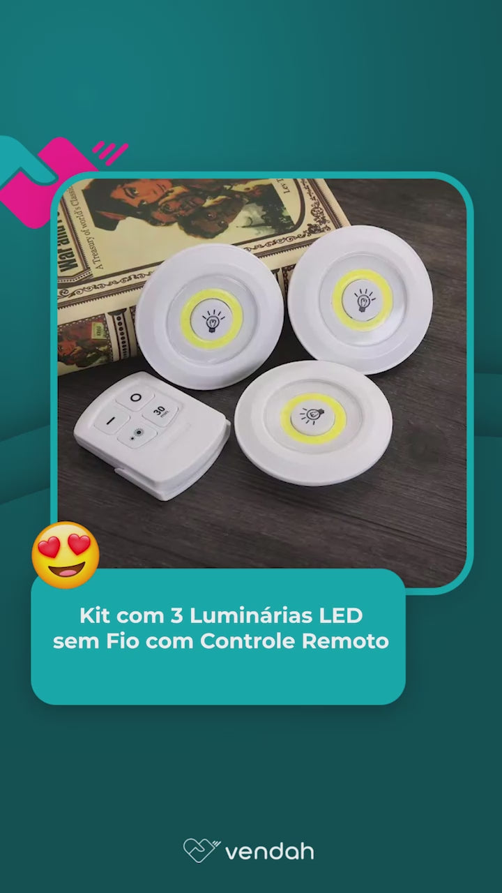 Kit com 3 Luminárias Led Sem Fio com Controle Remoto