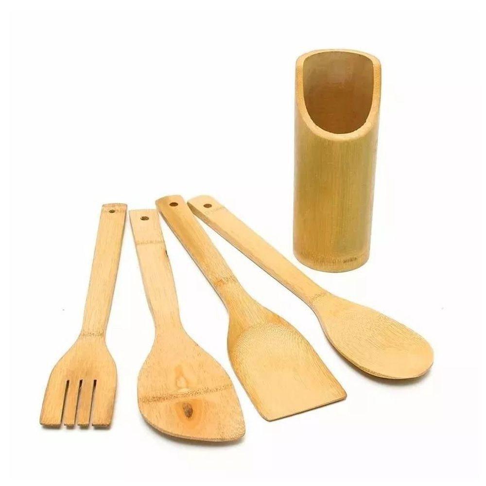 Kit Cozinha em Bambu com Suporte - 5 Peças - Kit de cozinha VDH01259